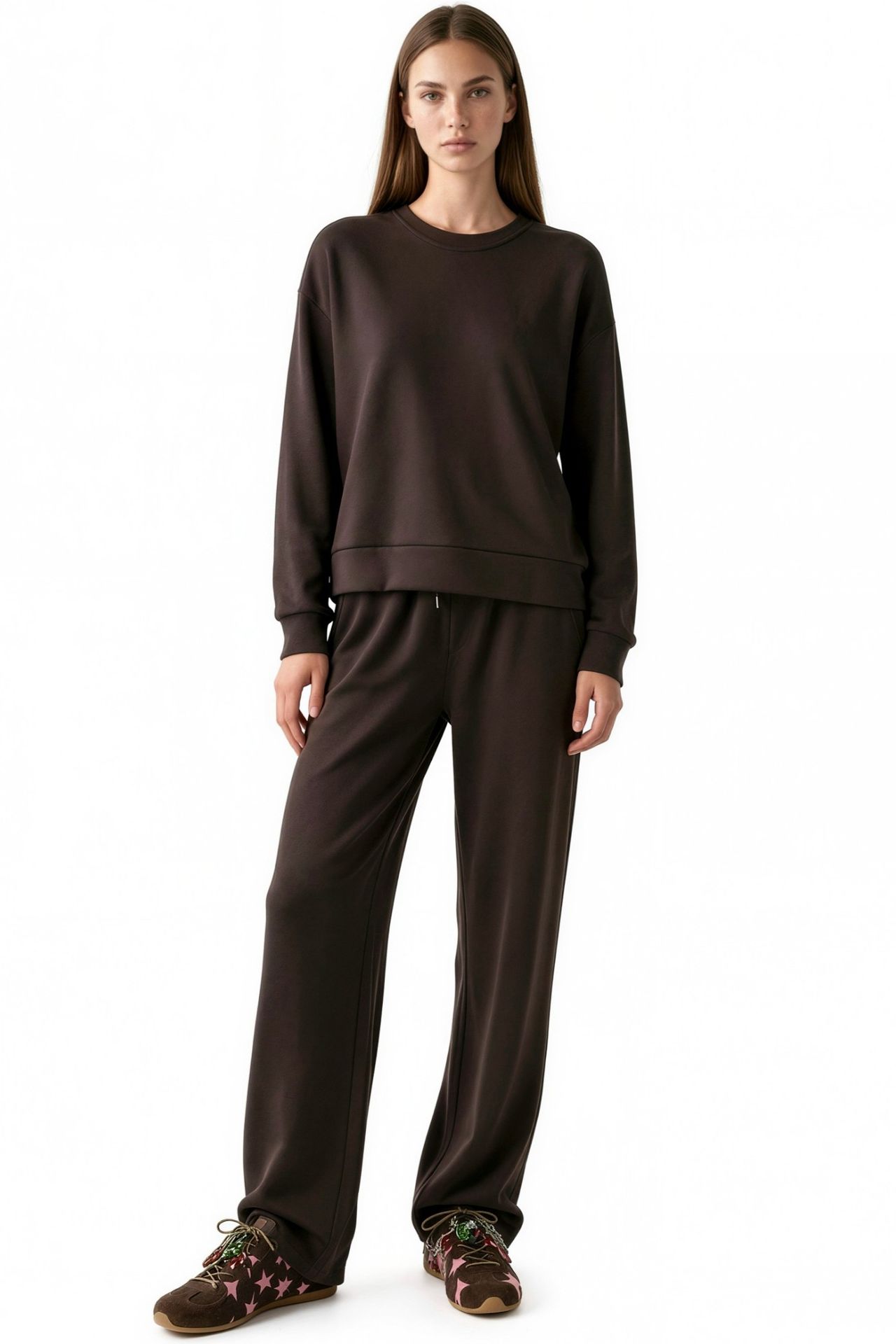 Modal Touch Basic Sweatshirt & Wide Leg Pants Two-Piece Coord Set 1