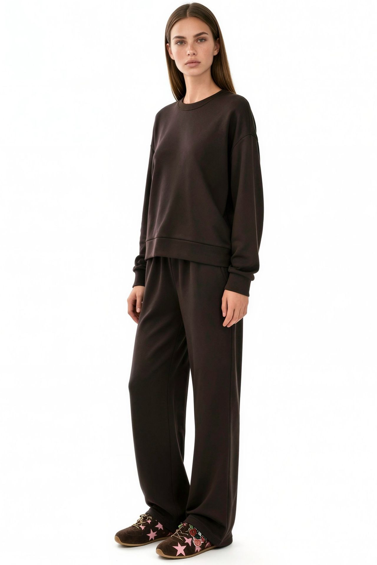 Modal Touch Basic Sweatshirt & Wide Leg Pants Two-Piece Coord Set 2