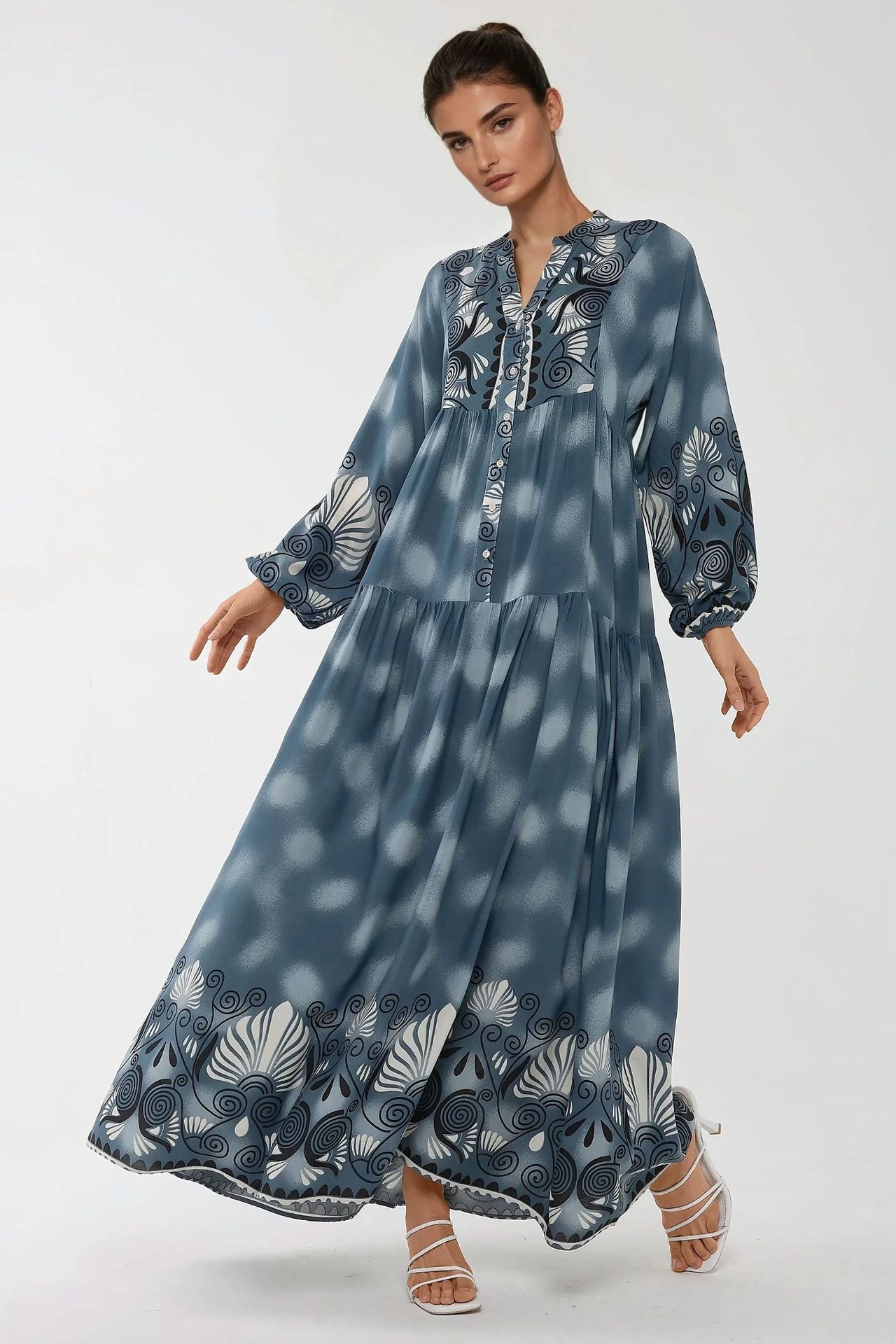 Printed Long Sleeve Viscose Maxi Dress 