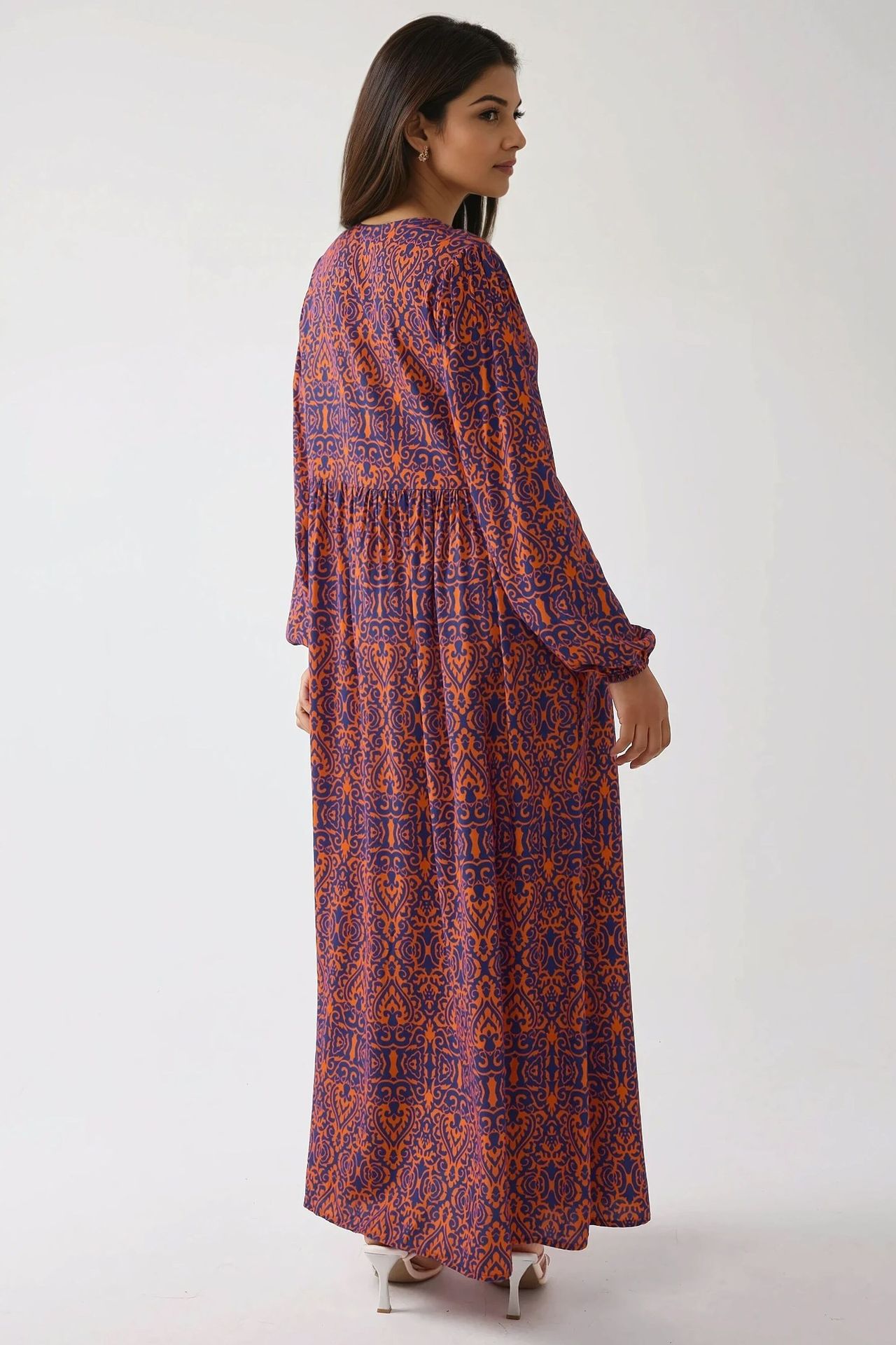 Printed A-Form Maxi Dress with Crew Neck
