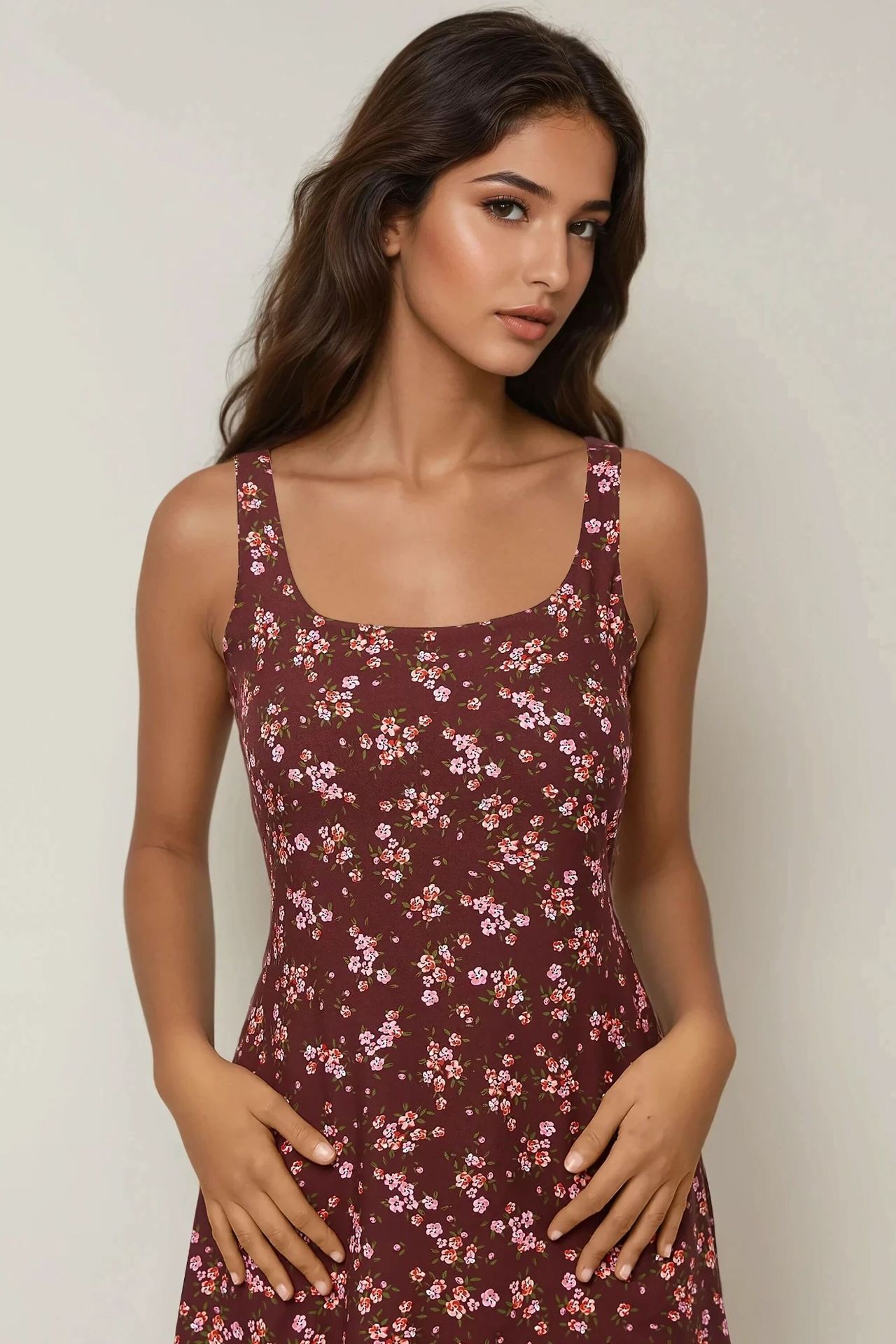 U Collar Printed Fitted Mini Dress