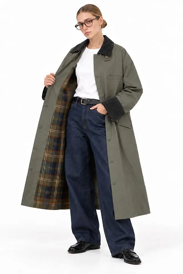 Oversized Long Trench Coat with Velvet Collar and Plaid Lining