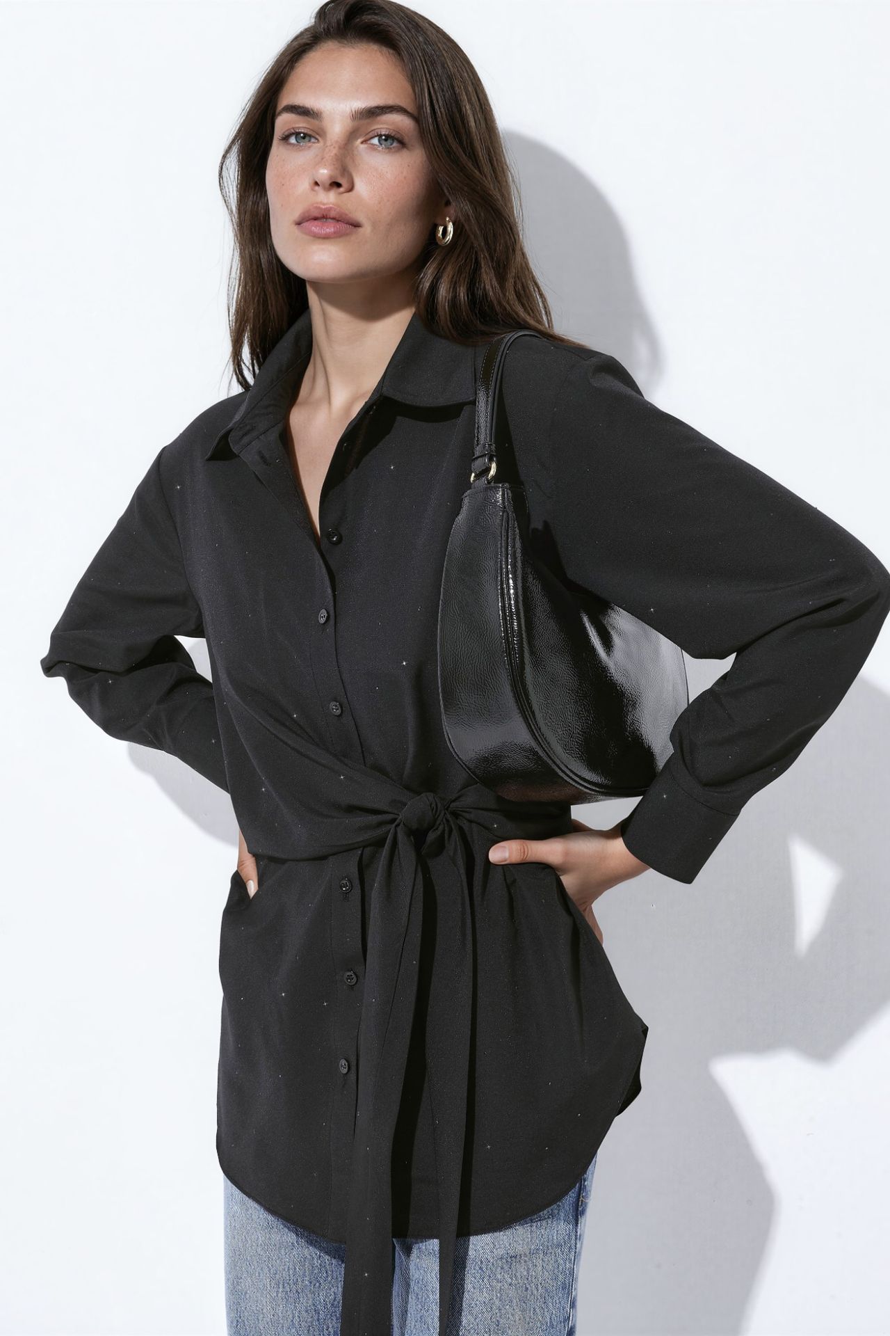 Allover Rhinestone Embellished Shirt with Tie Detail 5