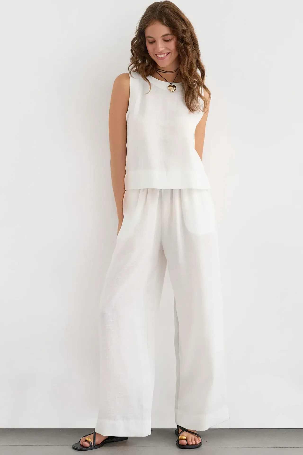 Linen Feel Blouse & Elastic Waist Pants Two-Piece Coord Set