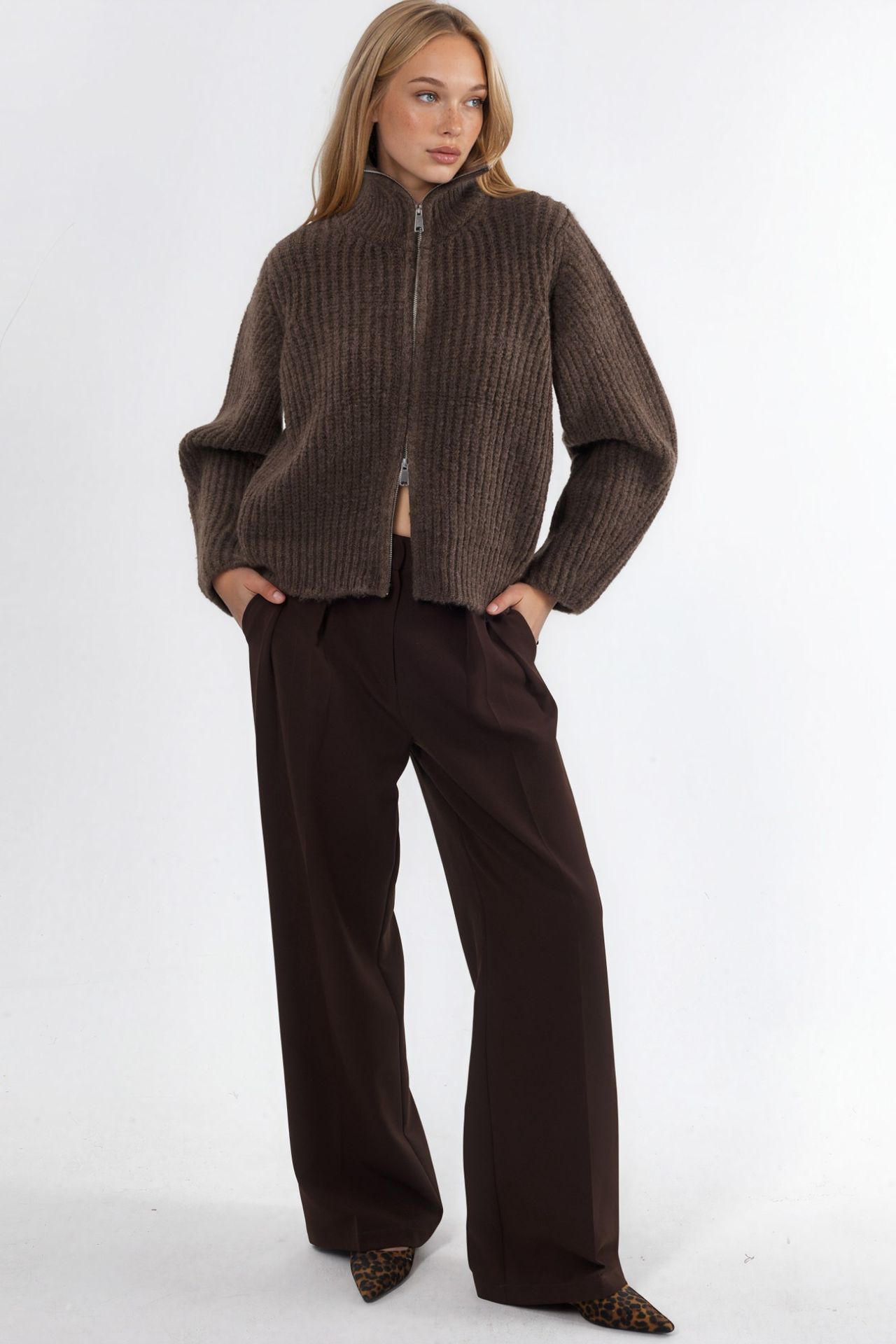 Thick Textured Turtleneck Zip-Up Cardigan 2