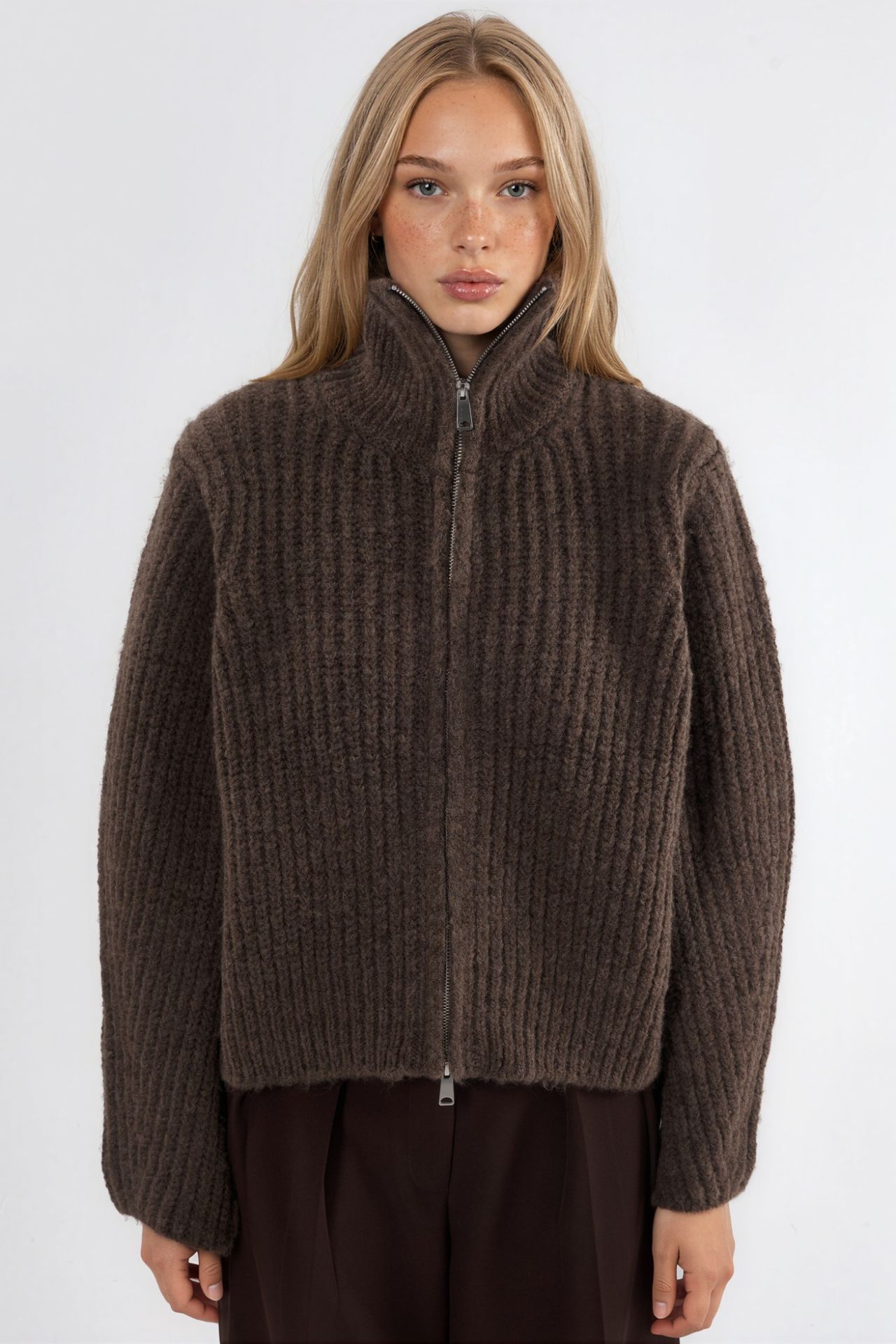 Thick Textured Turtleneck Zip-Up Cardigan 6