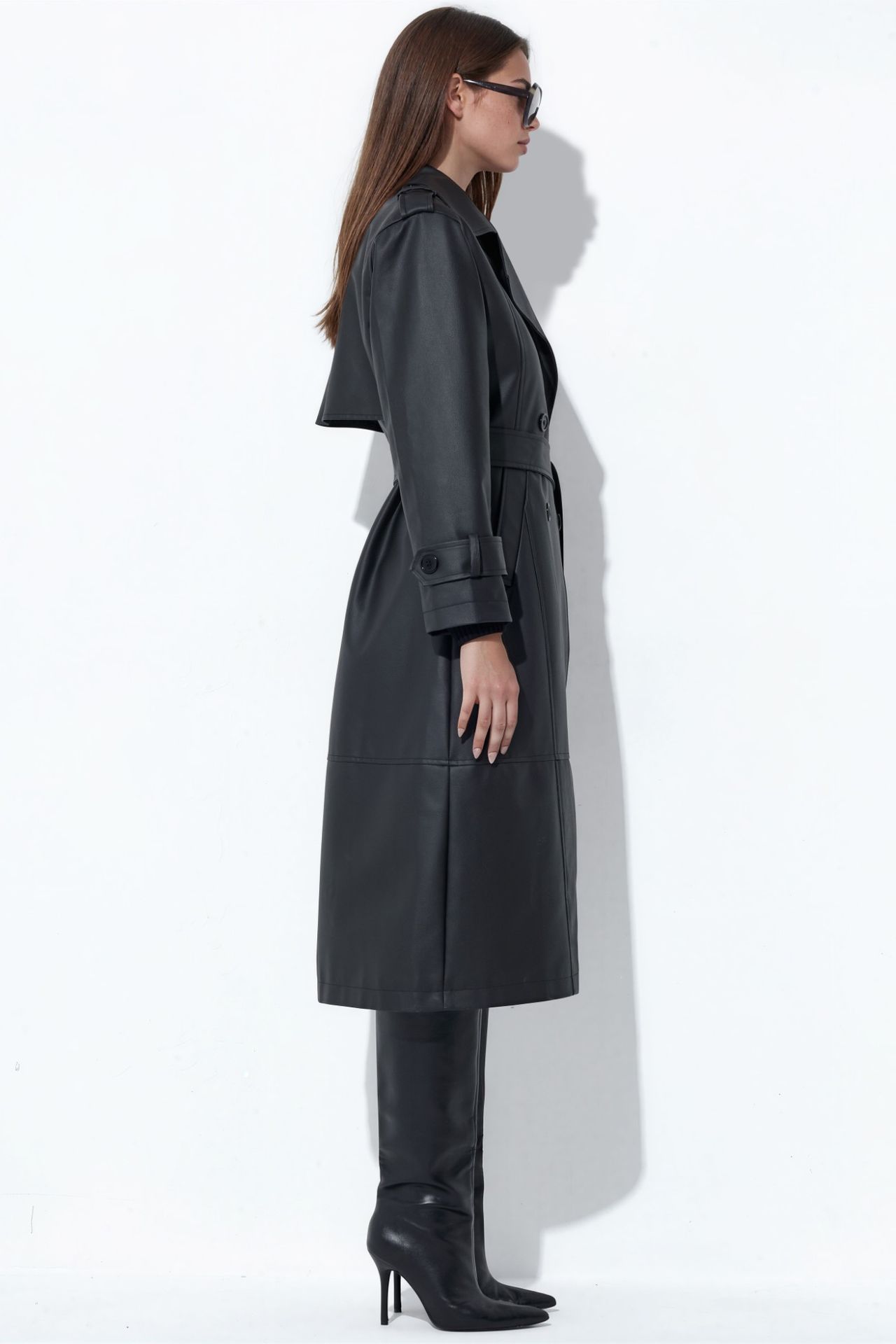 Belted Long Faux Leather Trench Coat 2