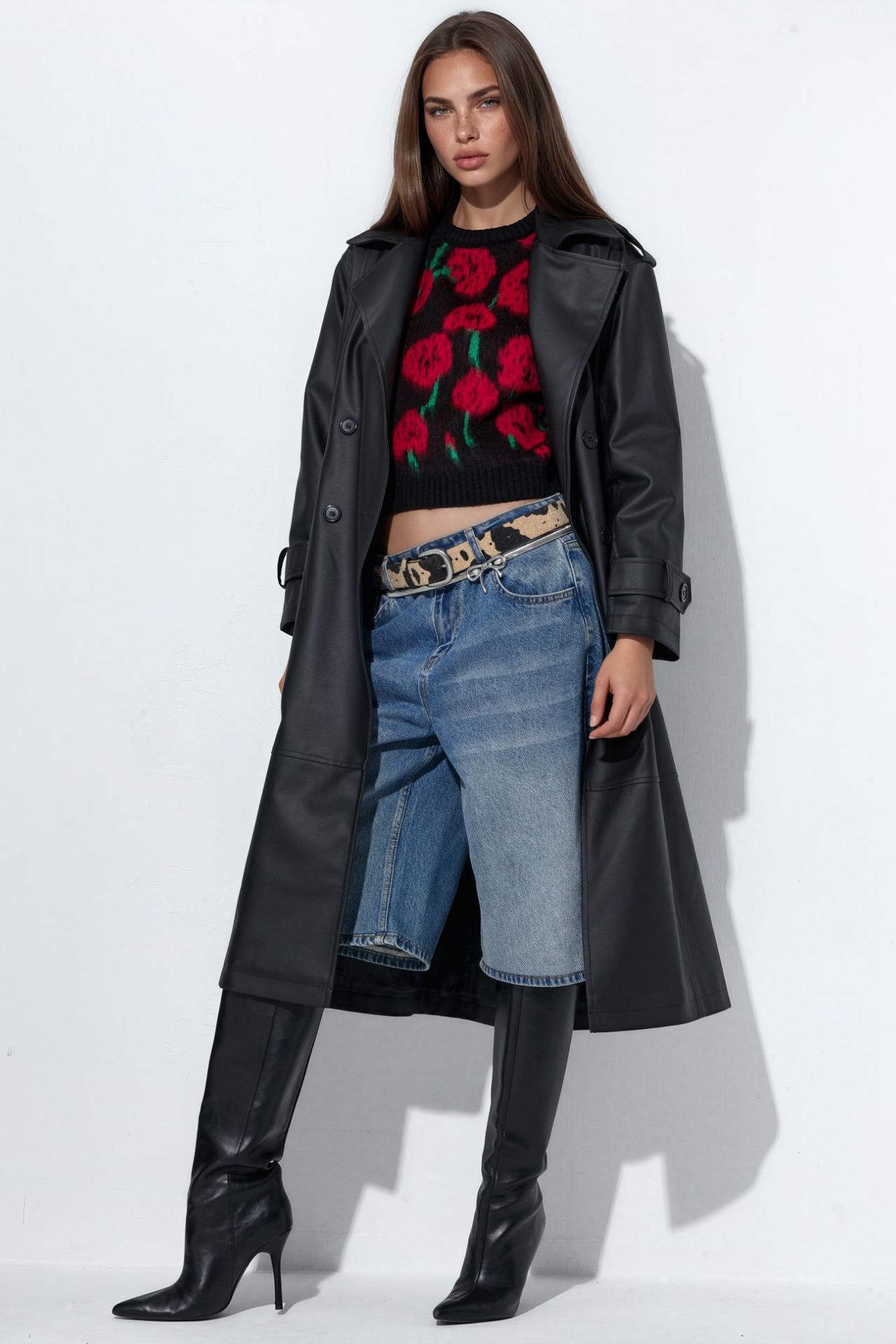Belted Long Faux Leather Trench Coat 4