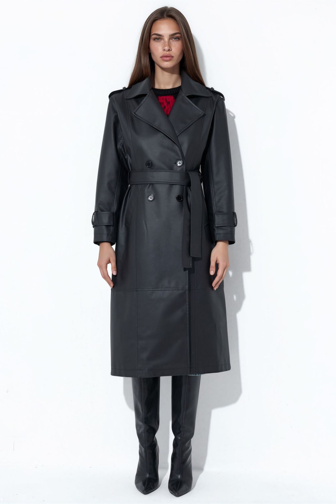 Belted Long Faux Leather Trench Coat 6