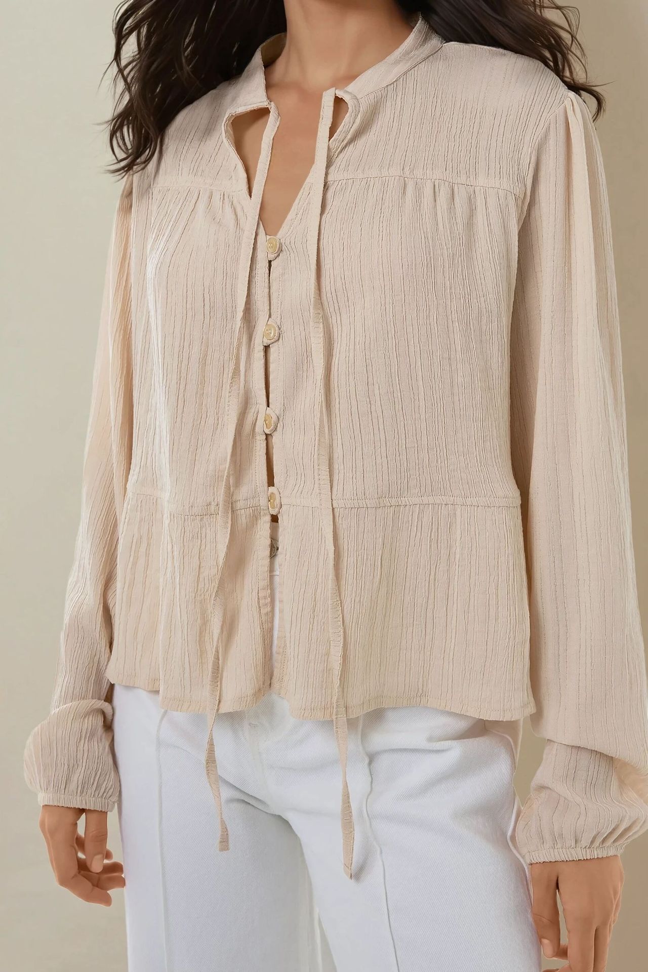 Textured Tie-Up Long Sleeve Shirt