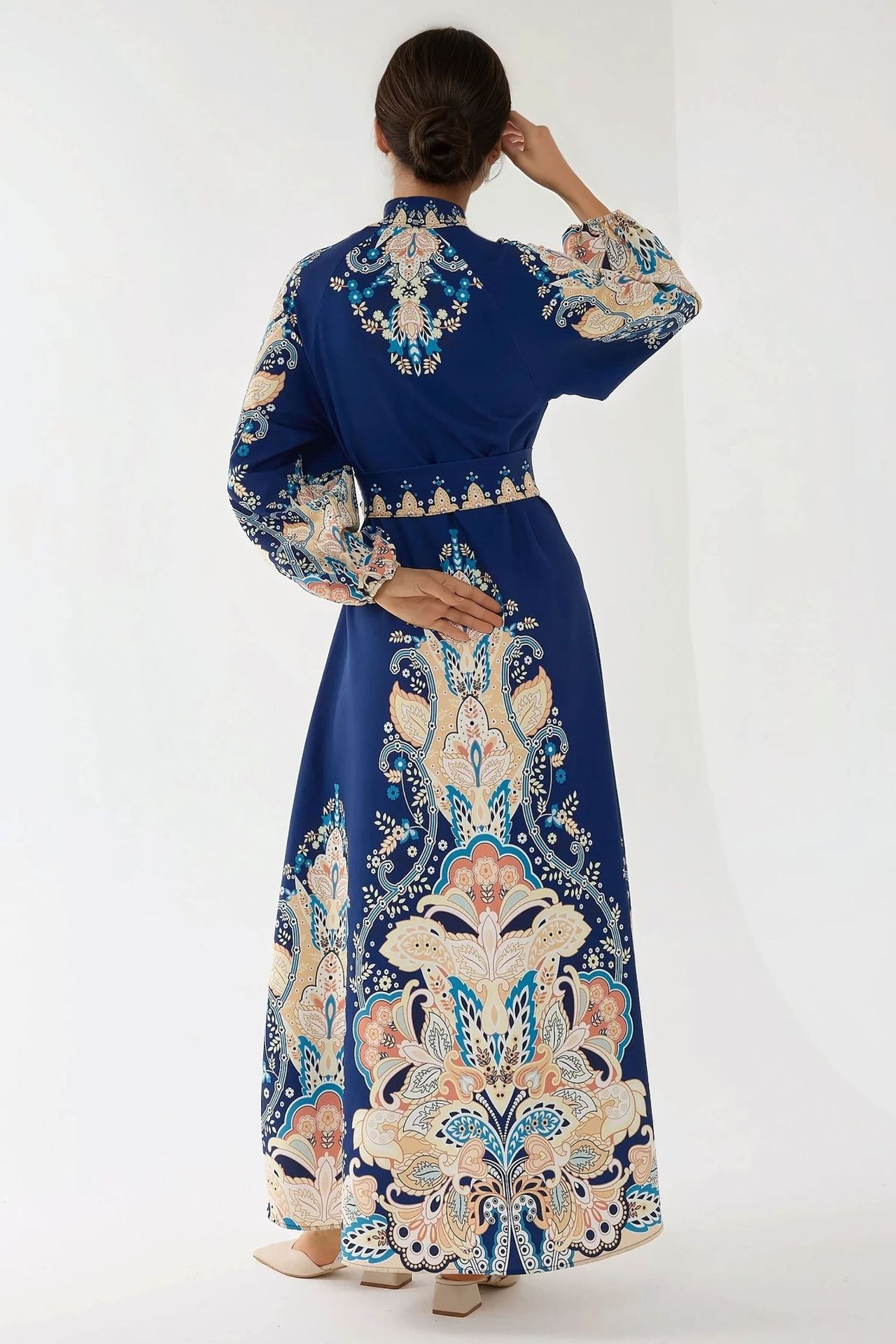Printed Long Sleeve Maxi Dress with Belt