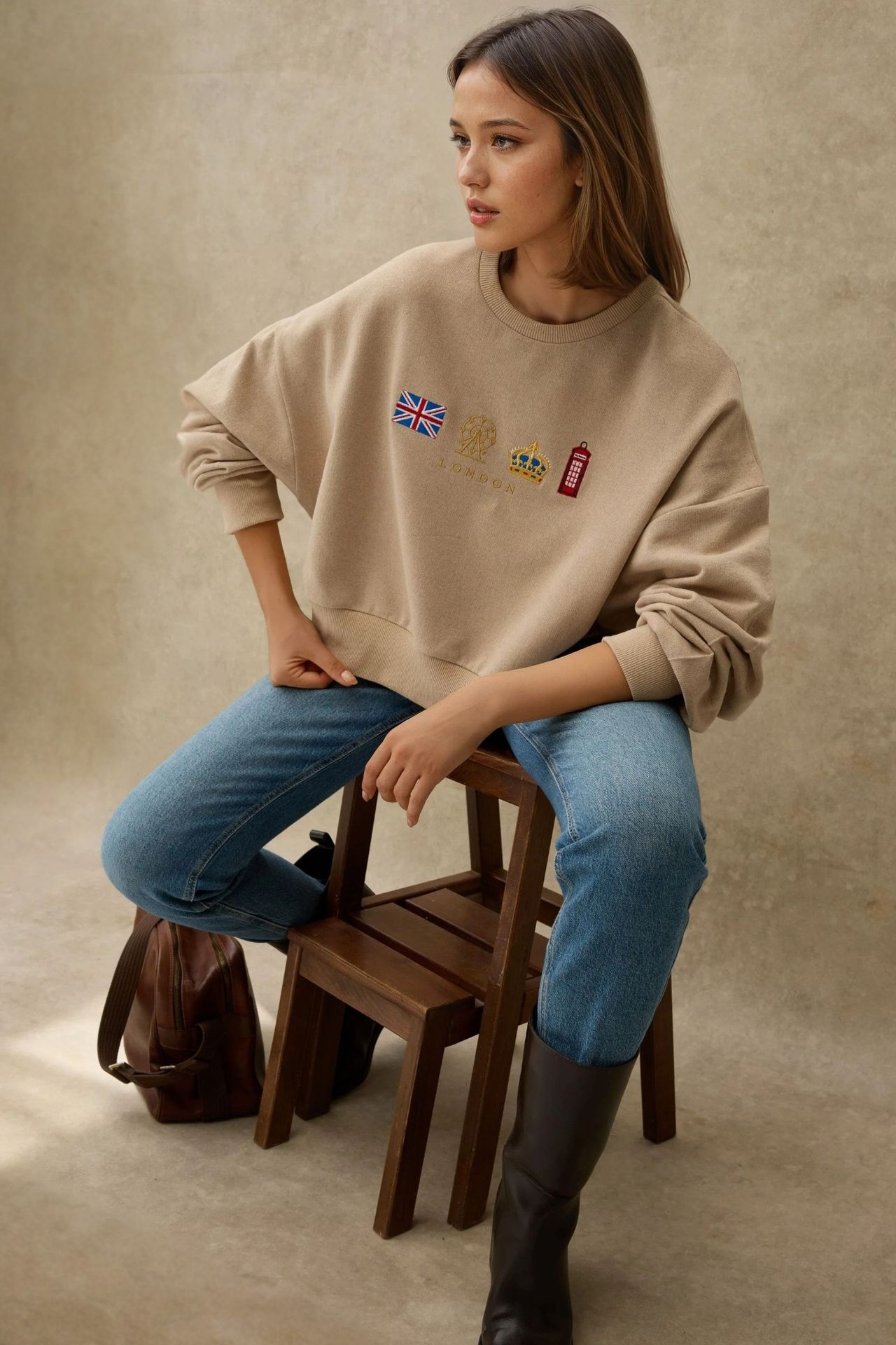 Embroidered Crew Neck Cottoned Raised Sweatshirt 2