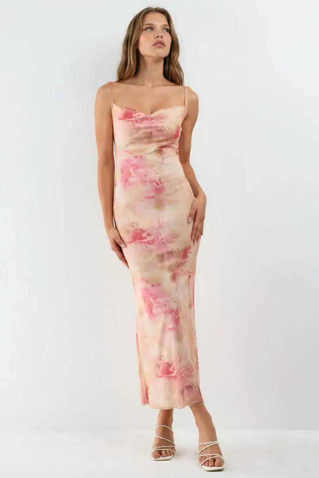 Cowl Neck Patterned Maxi Dress
