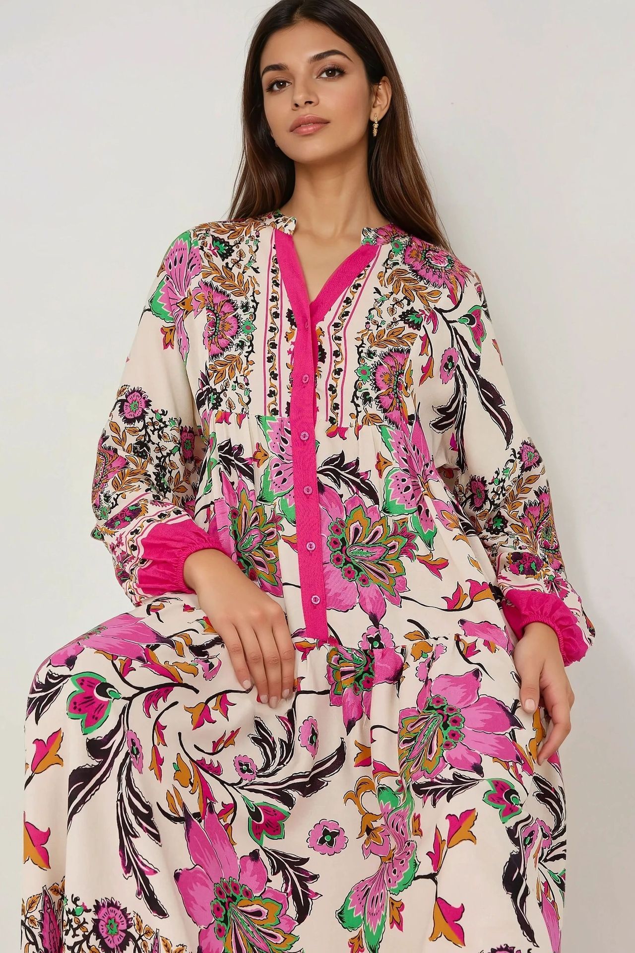 Printed Long Sleeve Viscose Maxi Dress 