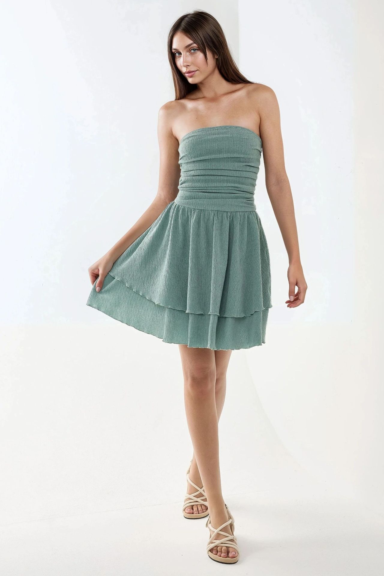 Strapless Textured Ruffle Mini Dress