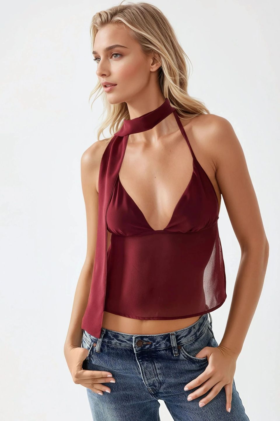 Fitted Deep V-Neck Blouse
