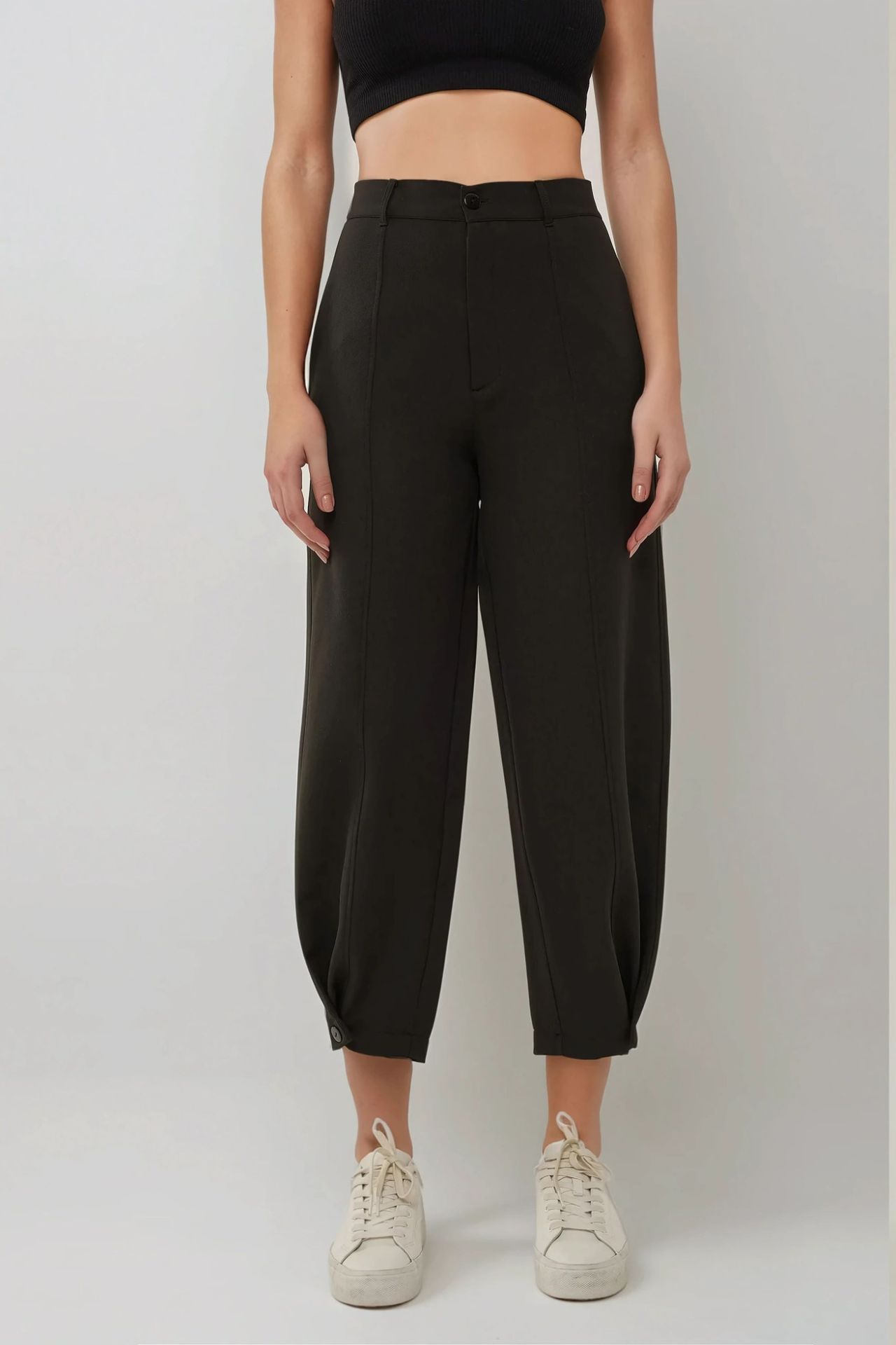 High Waist Tapered Pants with Waist Button Detail