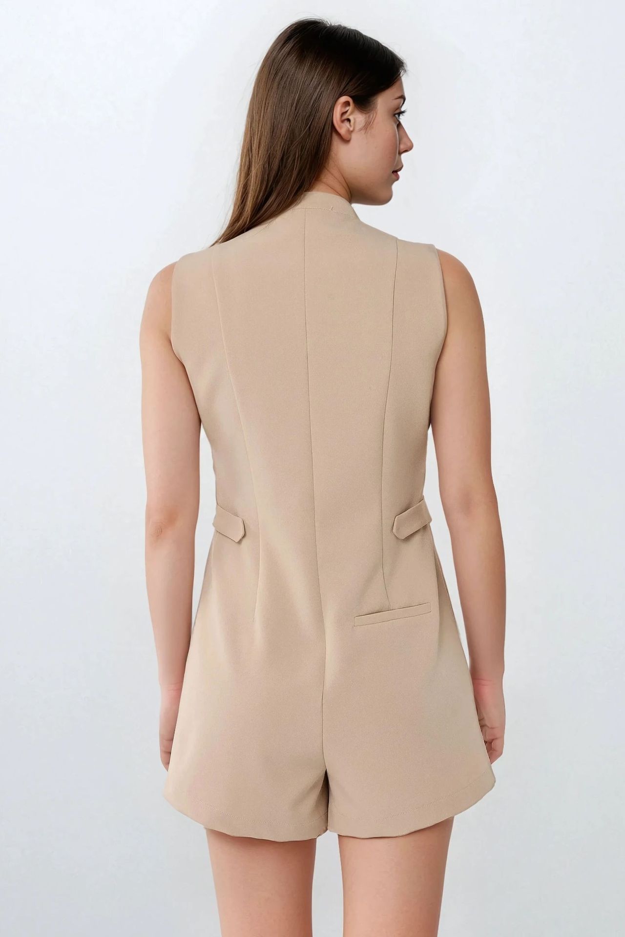 Short Leg Crew Neck Jumpsuit with Button Detail