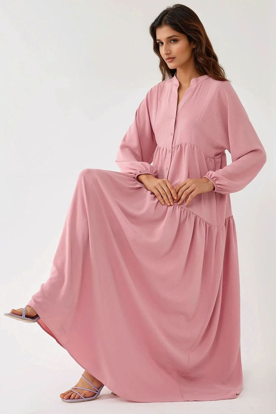 Textured V-Neck Maxi Dress with Button Detail