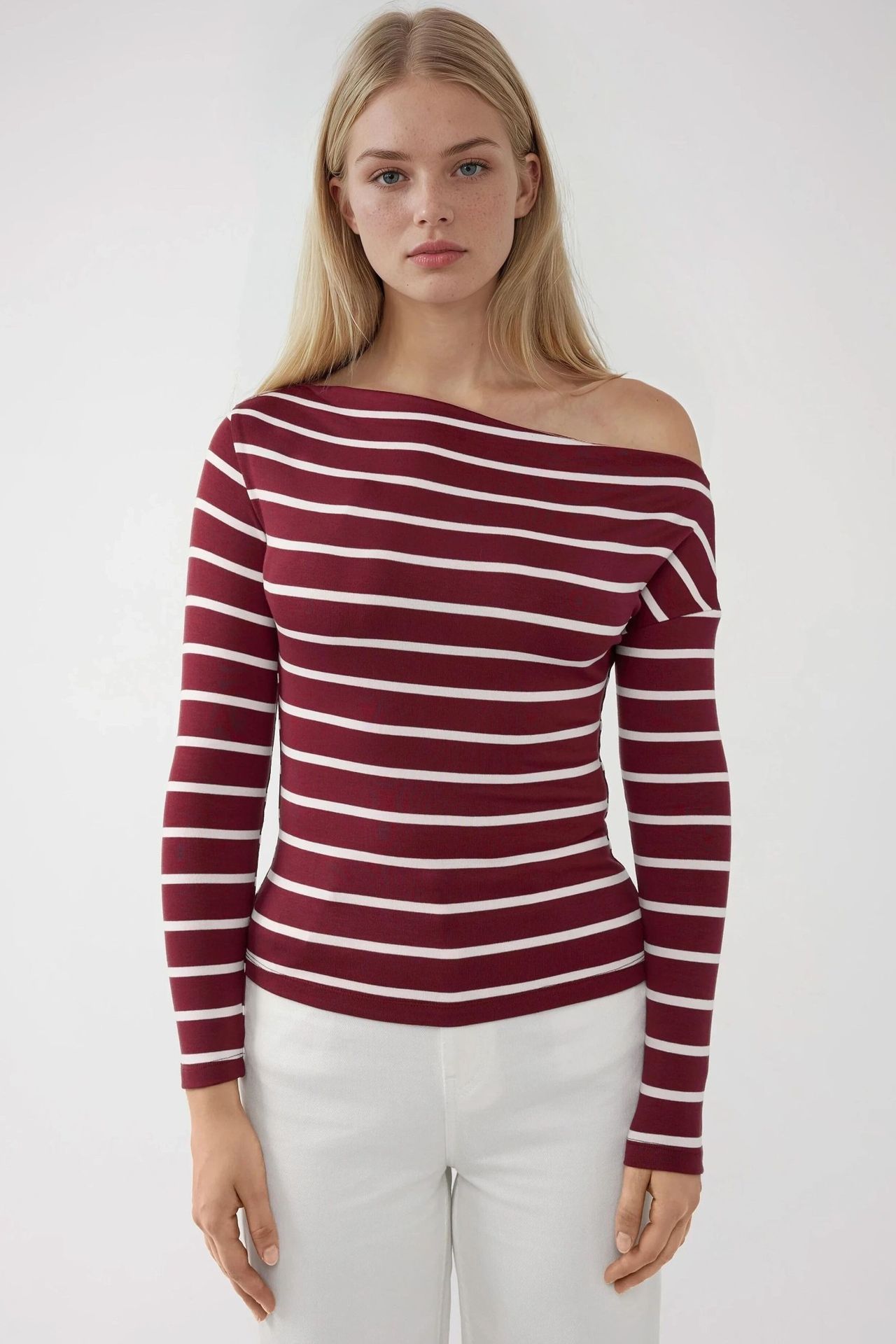 Off-Shoulder Striped Ribbed Long-Sleeve Top 2