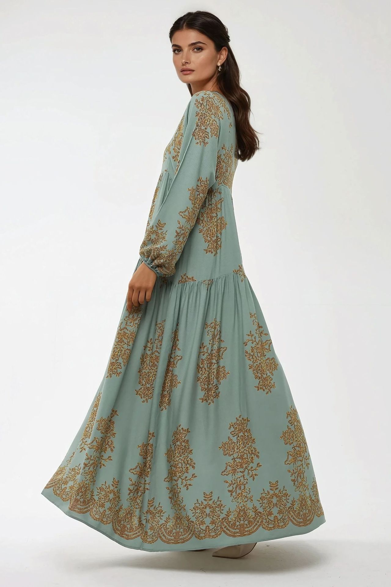 Printed Viscon Maxi Dress with Shirt Collar