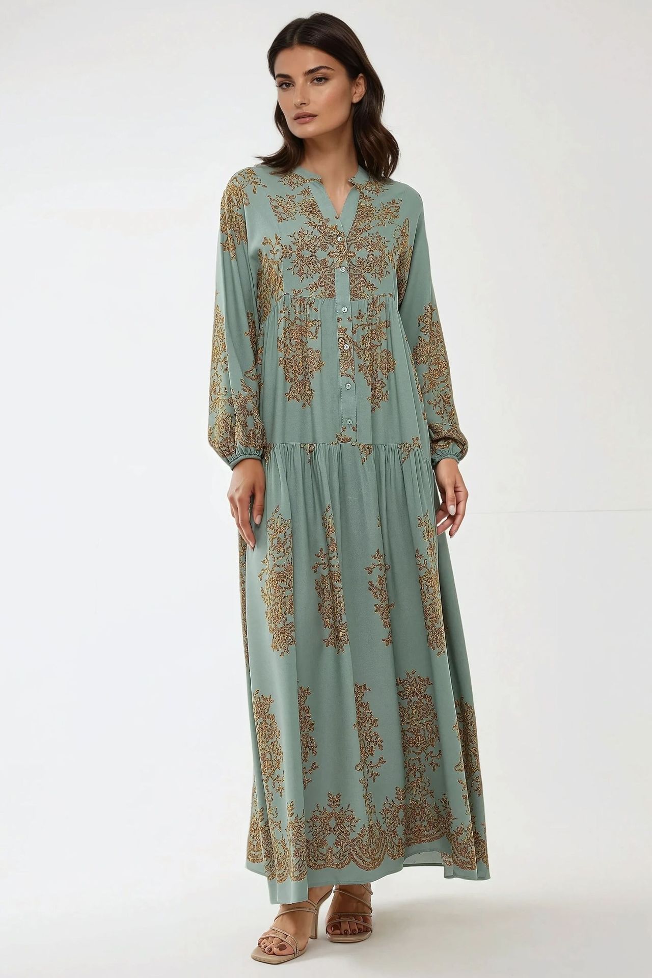 Printed Viscon Maxi Dress with Shirt Collar