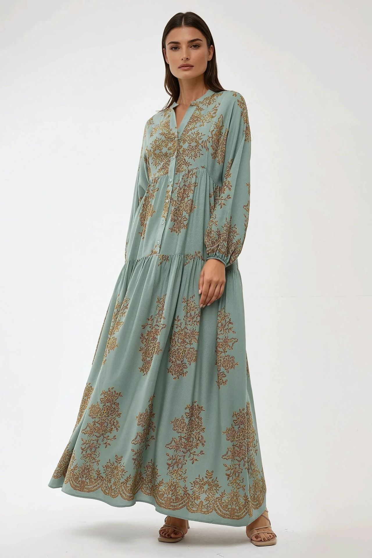 Printed Viscon Maxi Dress with Shirt Collar