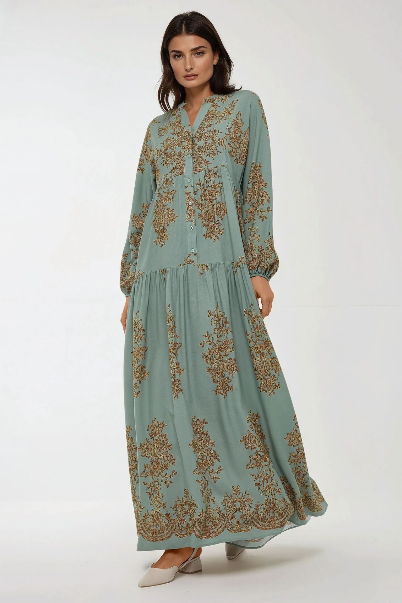 Printed Viscon Maxi Dress with Shirt Collar