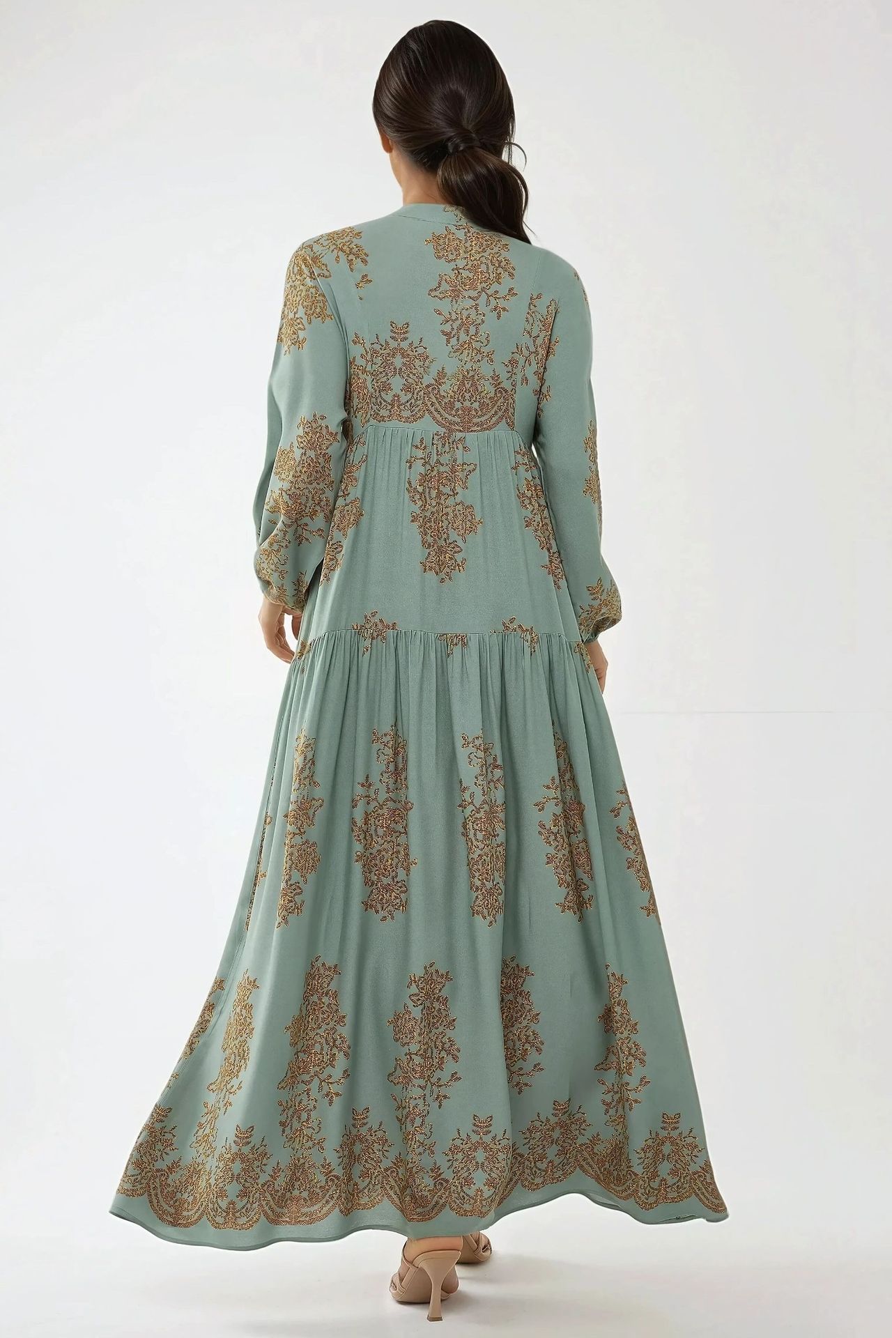 Printed Viscon Maxi Dress with Shirt Collar