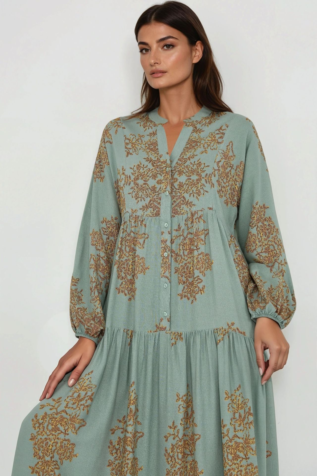 Printed Viscon Maxi Dress with Shirt Collar