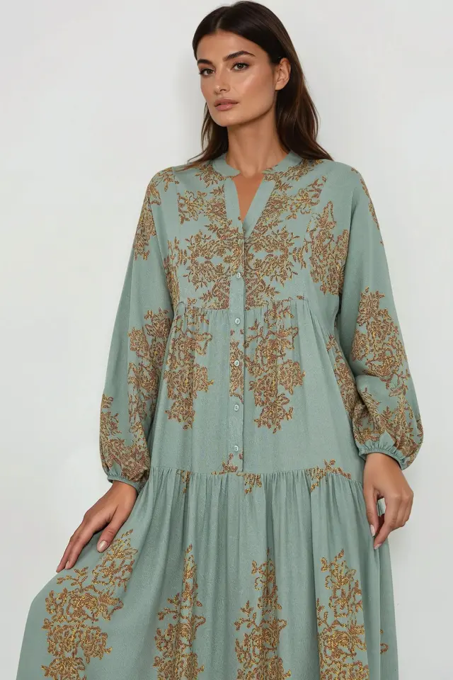 Printed Viscon Maxi Dress with Shirt Collar