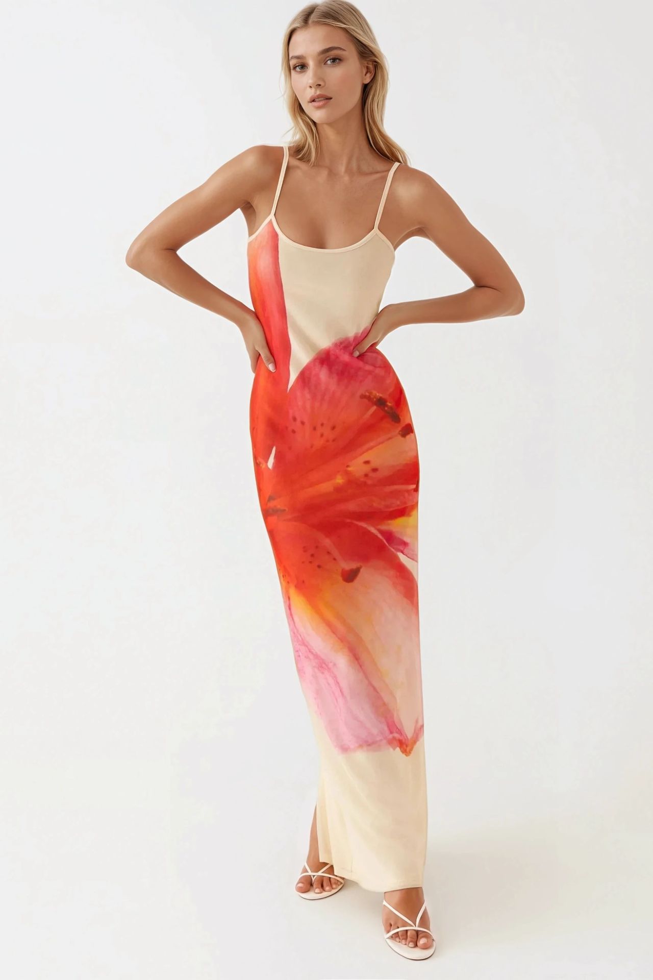Square Collar Bodycon Maxi Dress with Floral Print