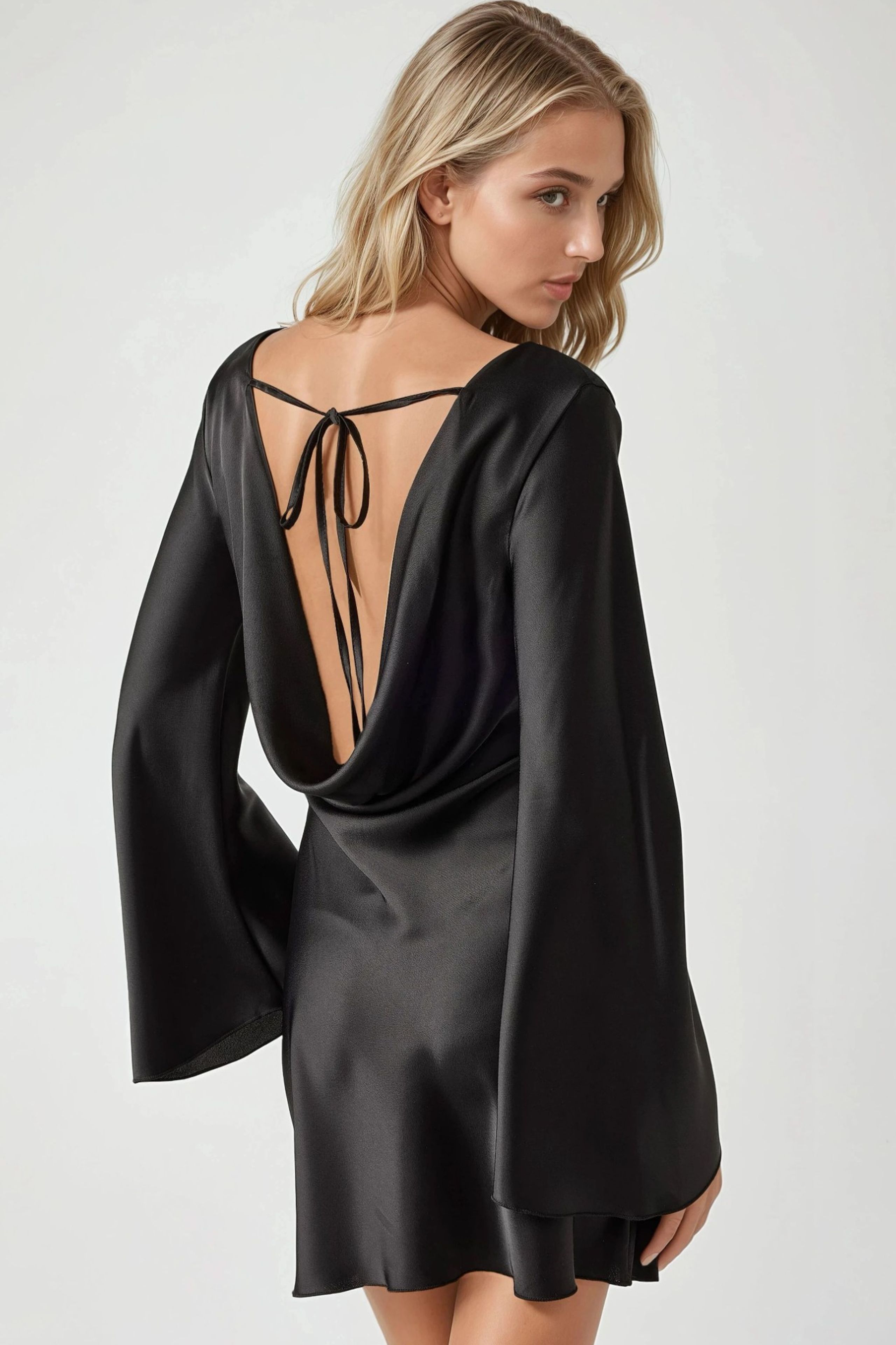 Womens Satin Short Dress HiCCUP Black Waterfall Back Satin Mini