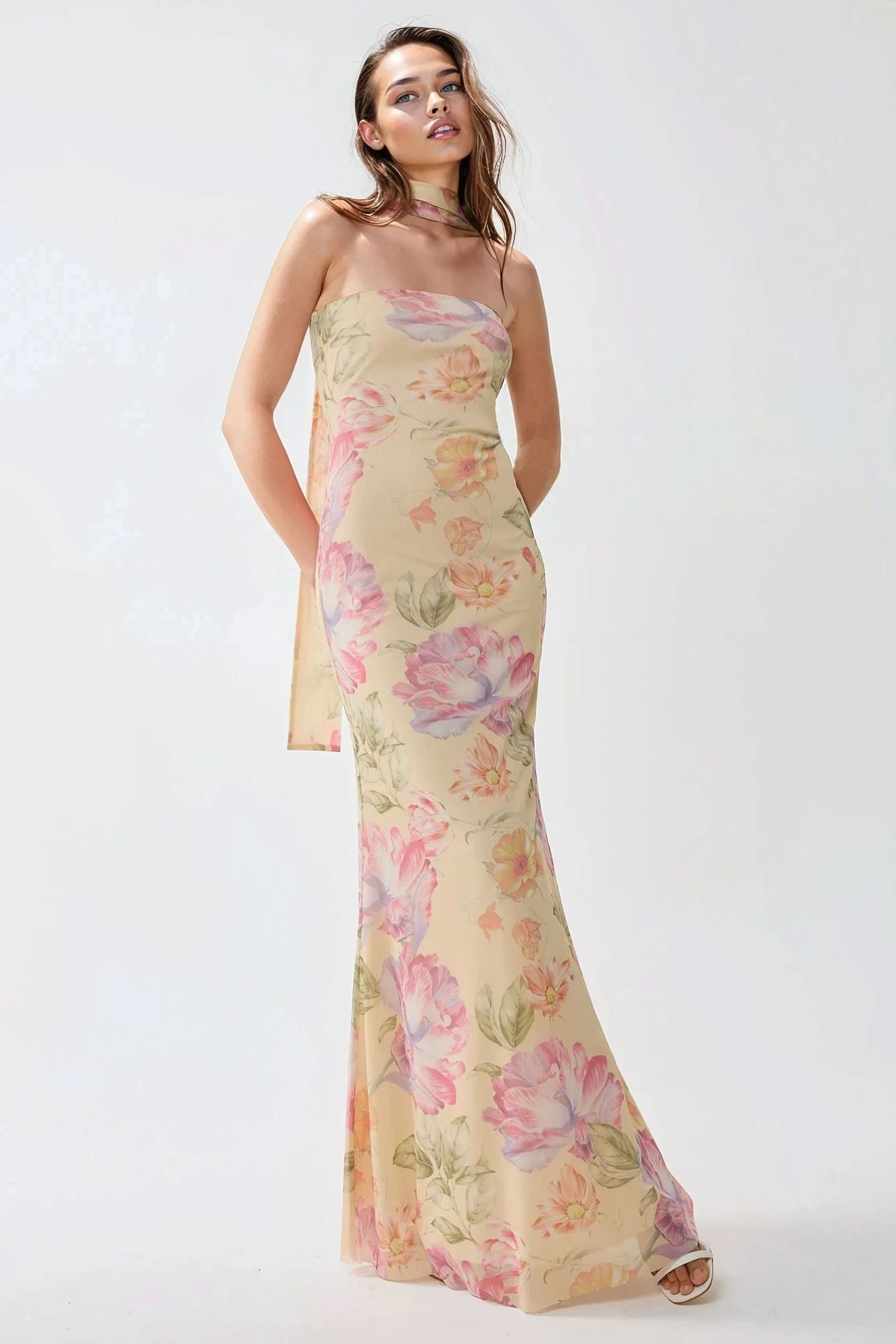 Strapless Flowering Bodycon Maxi Dress