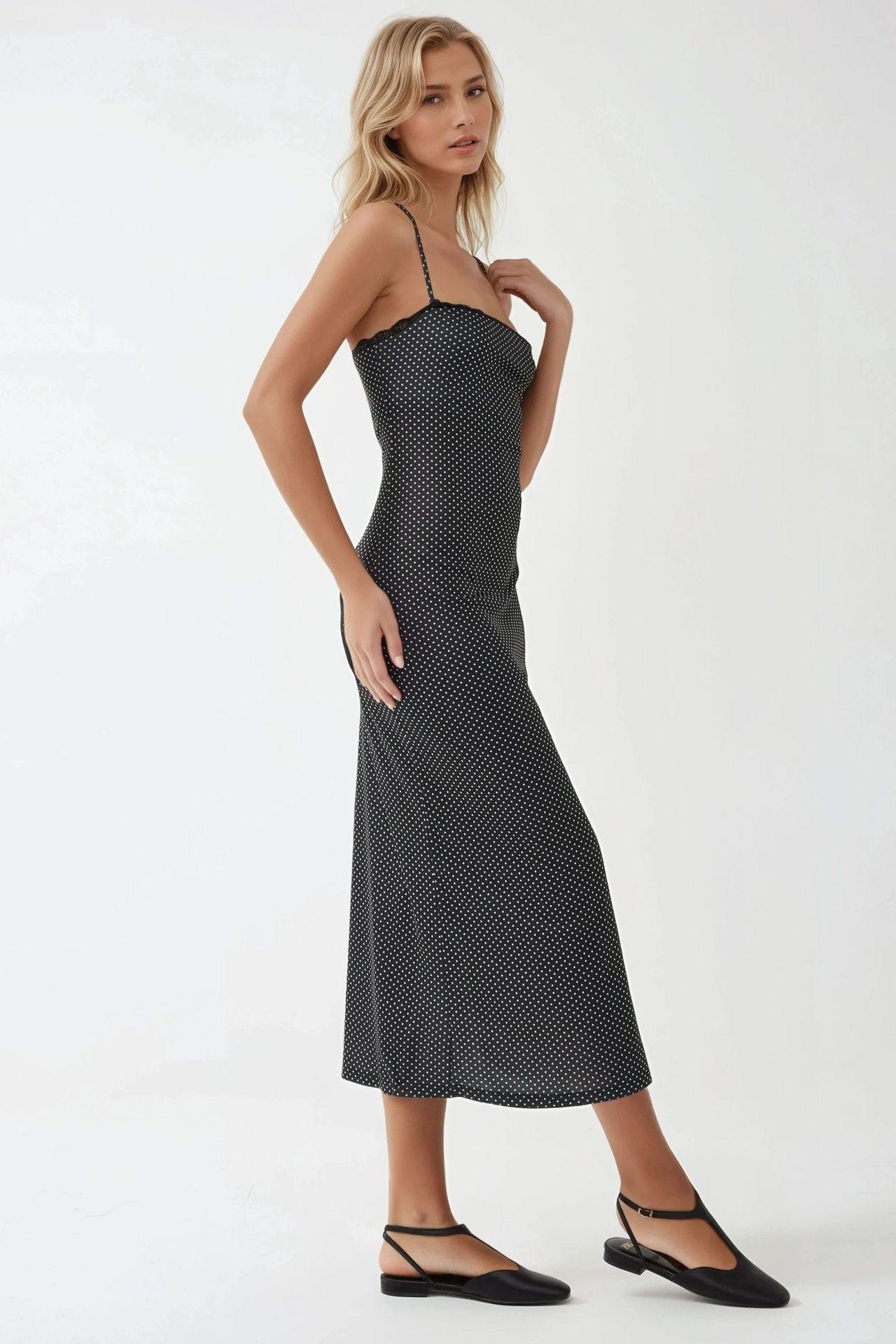 Square Collar Printed Maxi Dress with Lace Detail