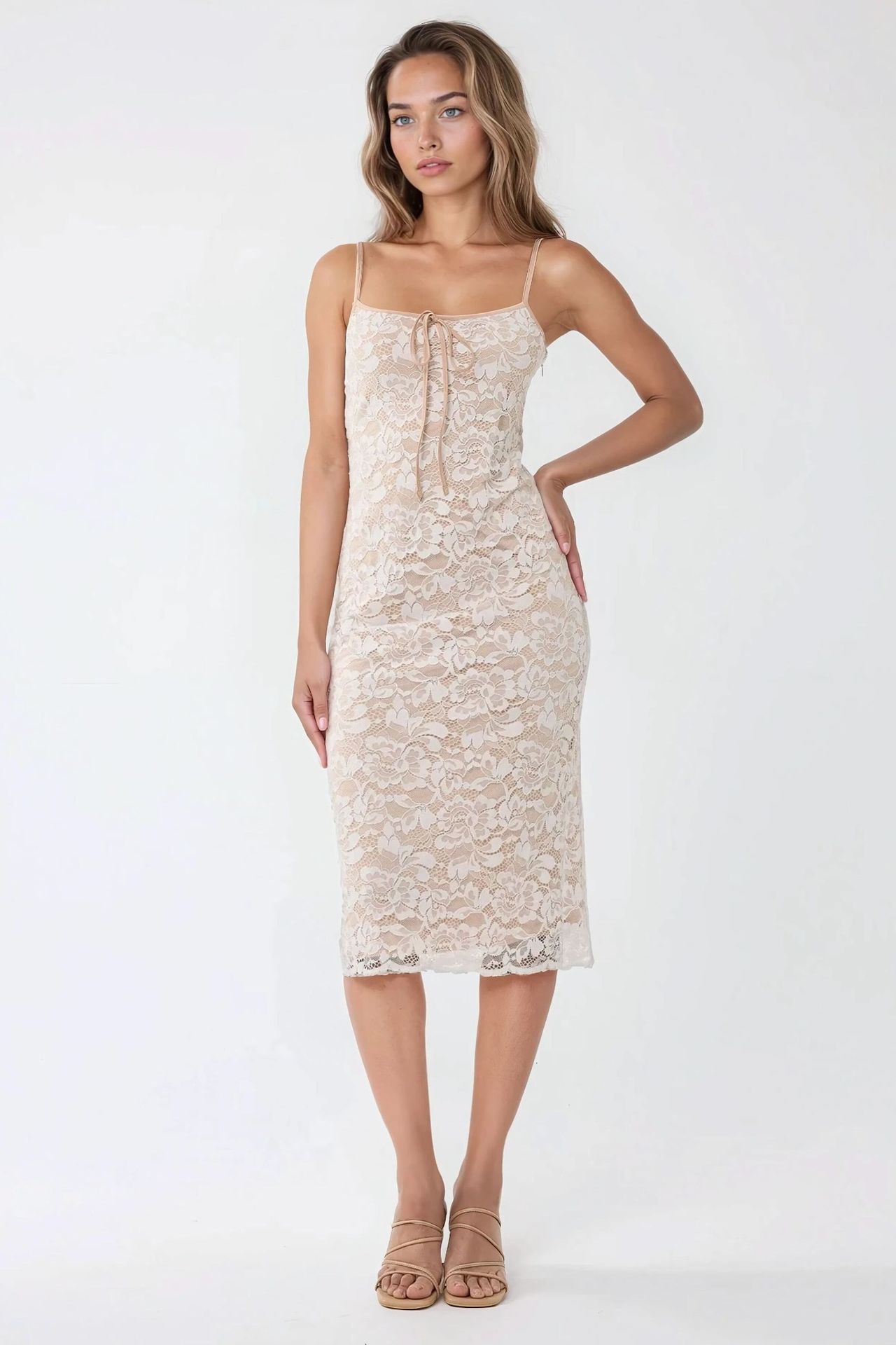 Square Collar Lace Midi Bodycon Dress