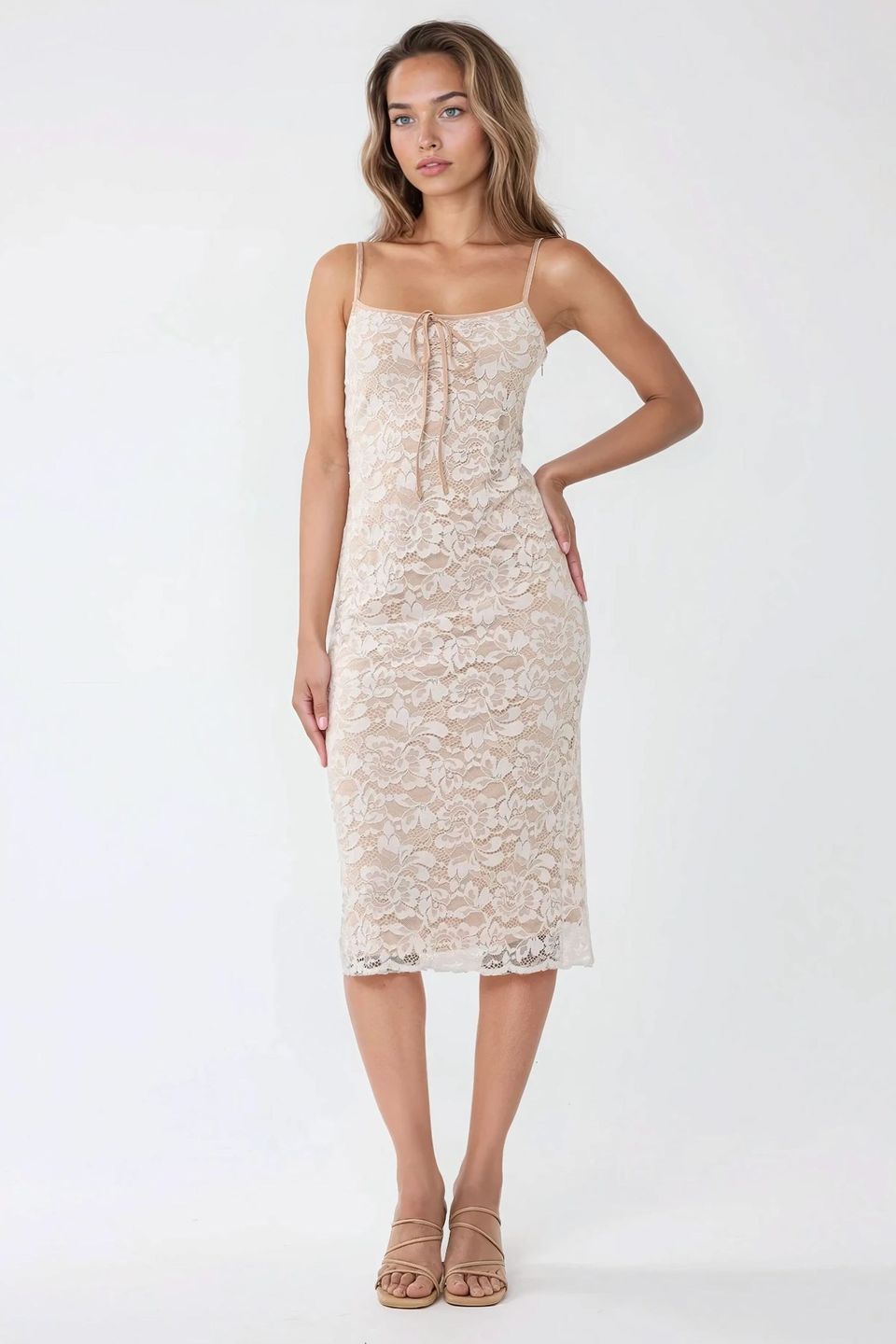 Square Collar Lace Midi Bodycon Dress