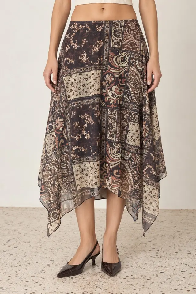 Ethnic Print Low Waist Asymmetric Midi Skirt