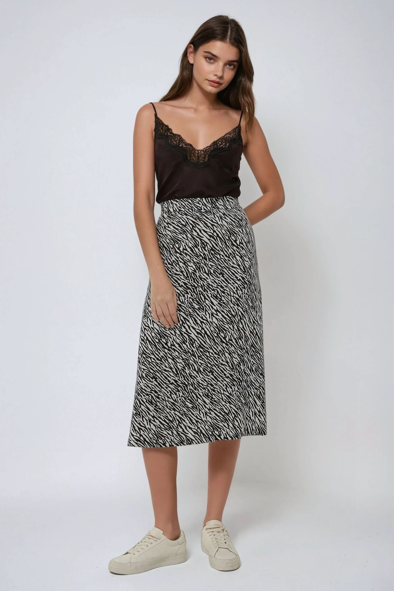 High Waist Zebra Print Midi Skirt