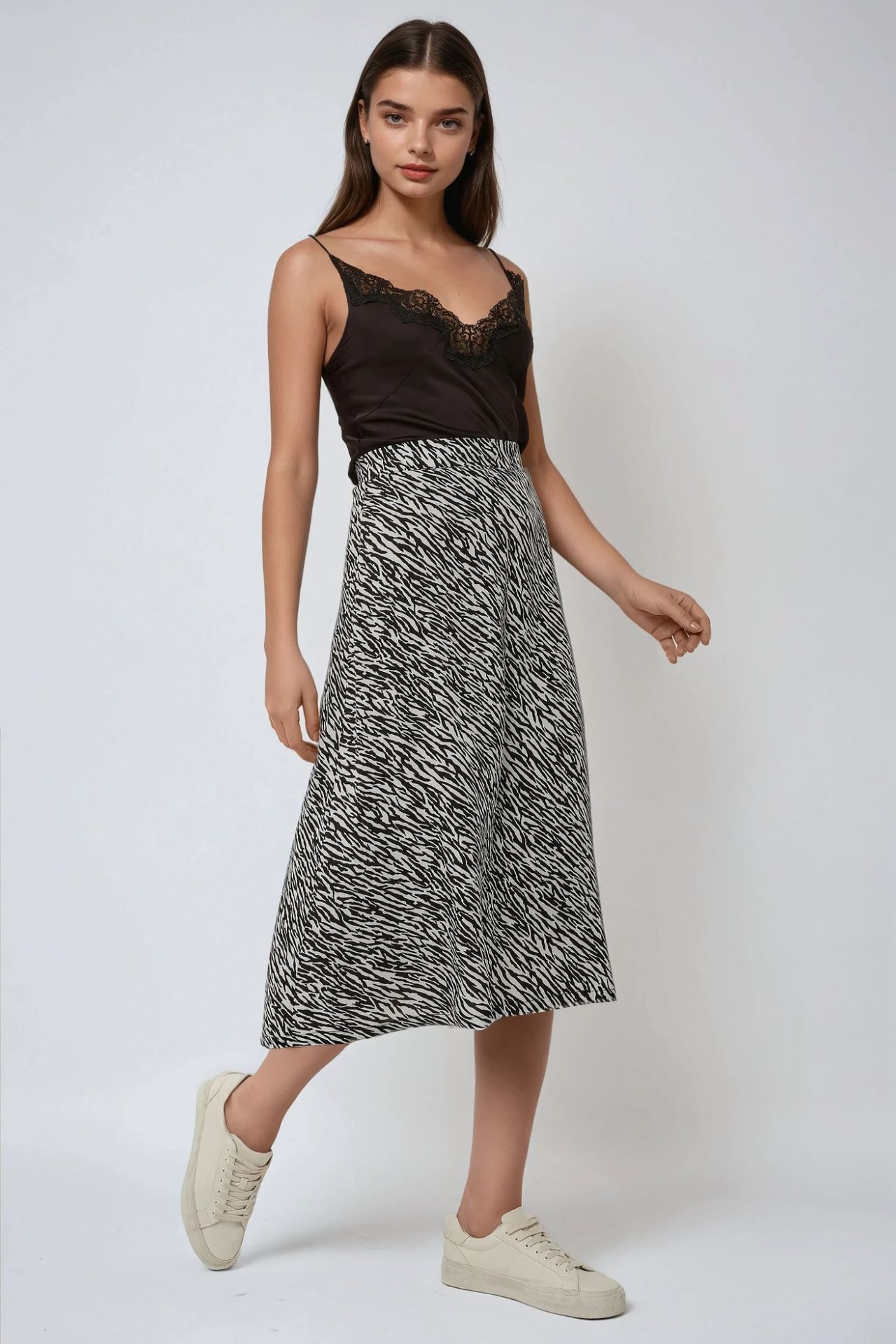 High Waist Zebra Print Midi Skirt