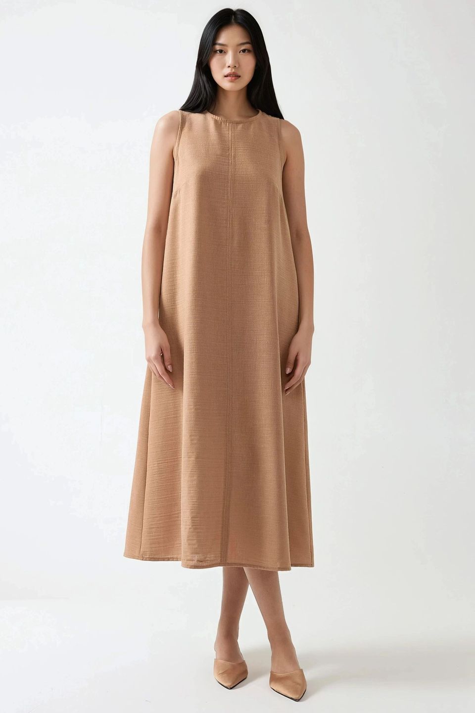 Linen Feel Sleeveless Crew Neck Midi Dress