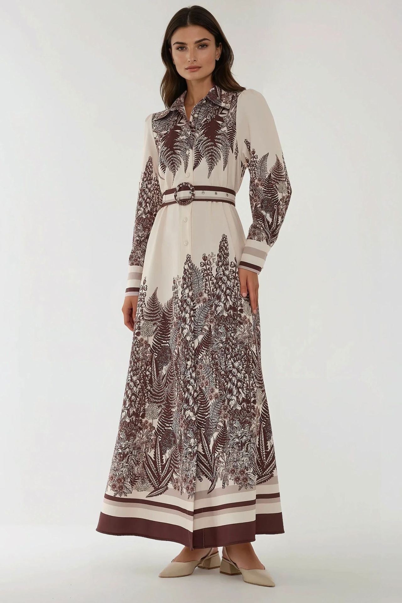 Printed Long Sleeve Maxi Dress with Belt