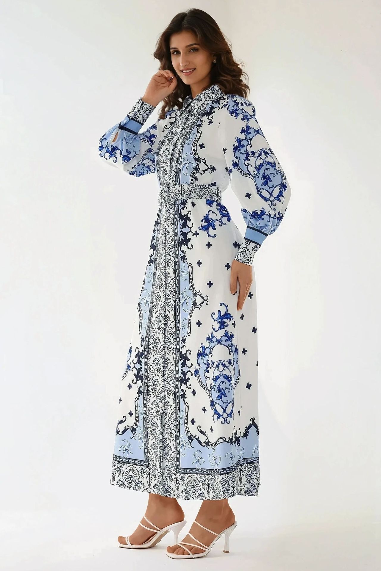 Printed Long Sleeve Maxi Dress with Belt