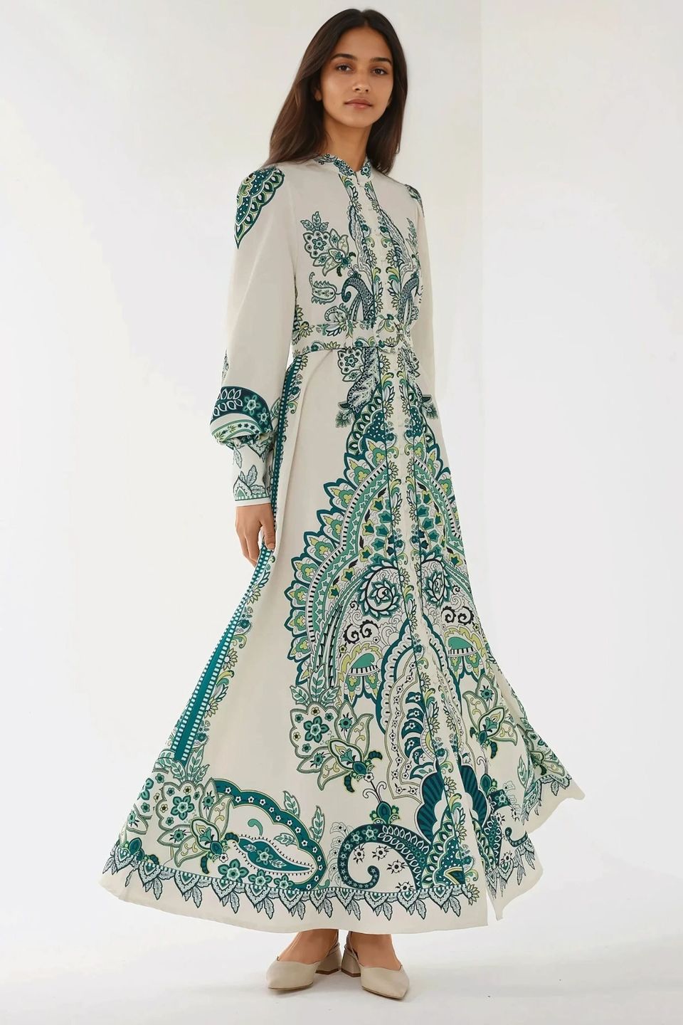 Printed Long Sleeve Maxi Dress with Belt