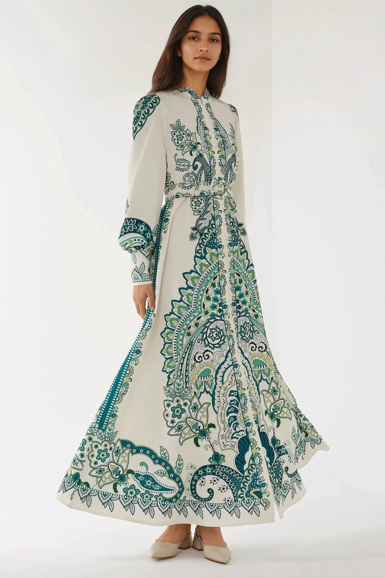 Printed Long Sleeve Maxi Dress with Belt