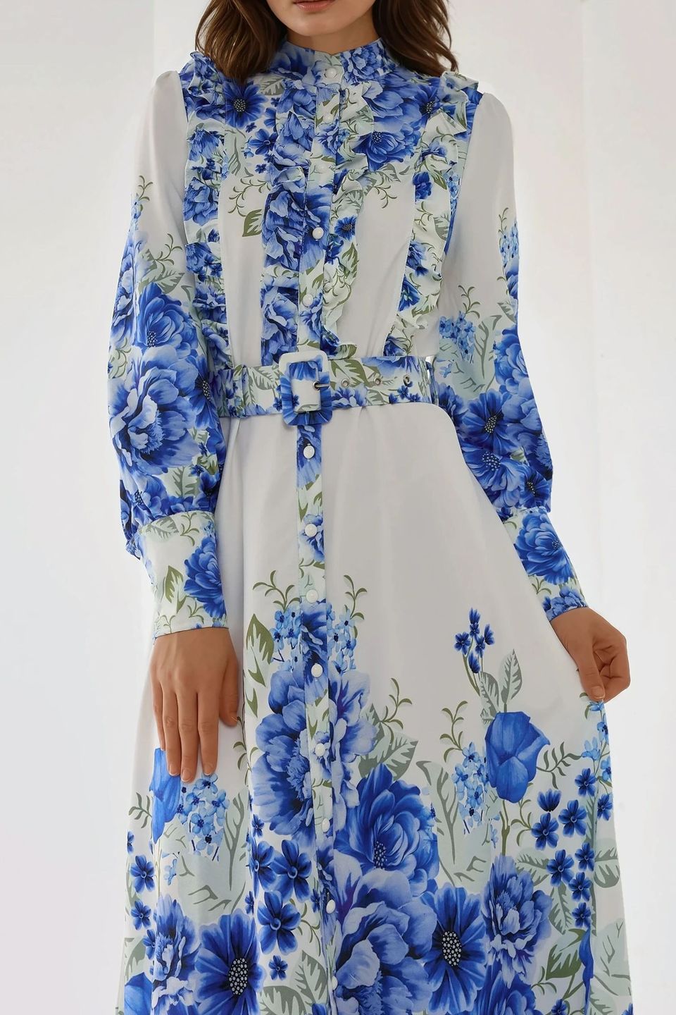 Printed Long Sleeve Maxi Dress with Belt