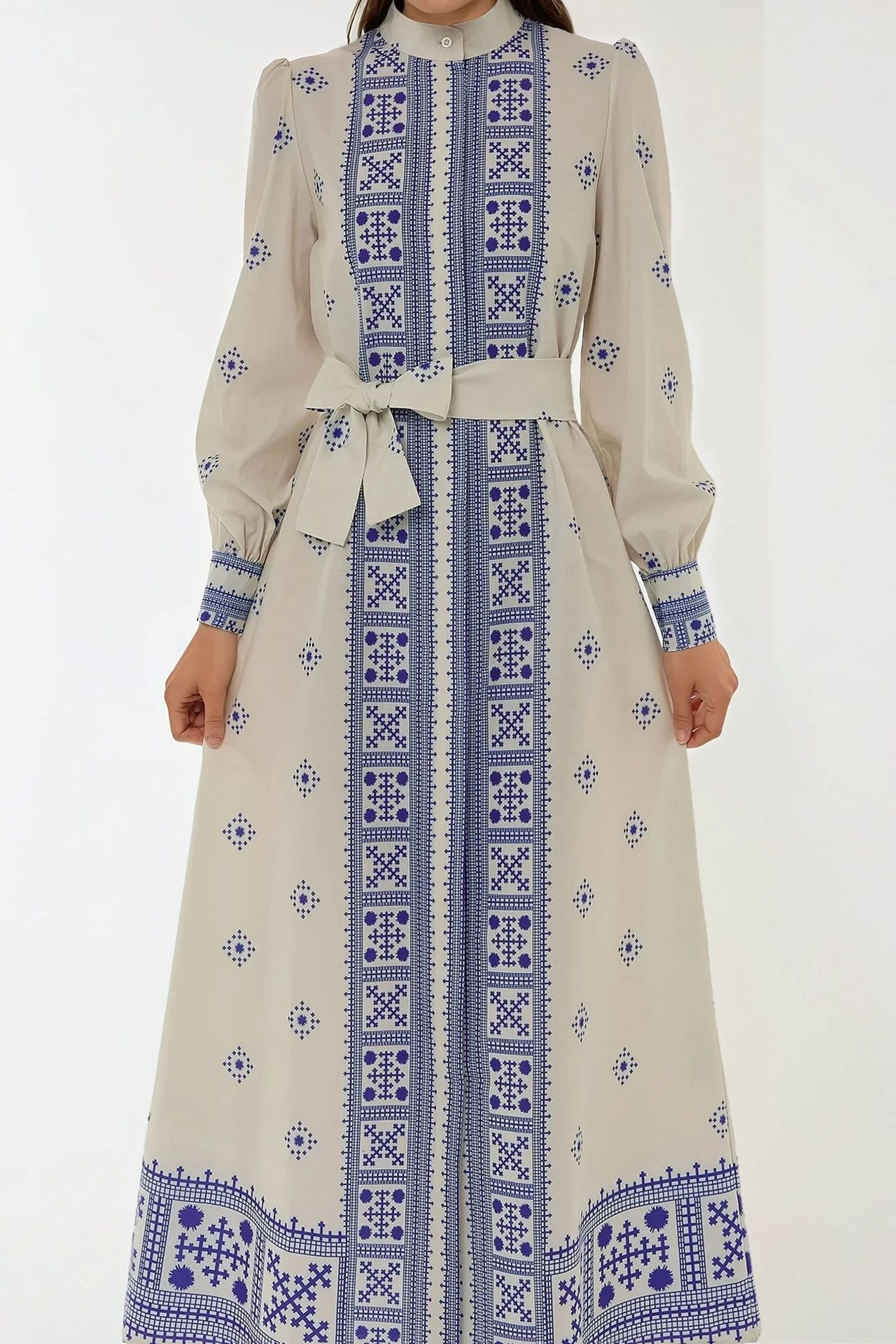 Printed Long Sleeve Maxi Dress with Belt