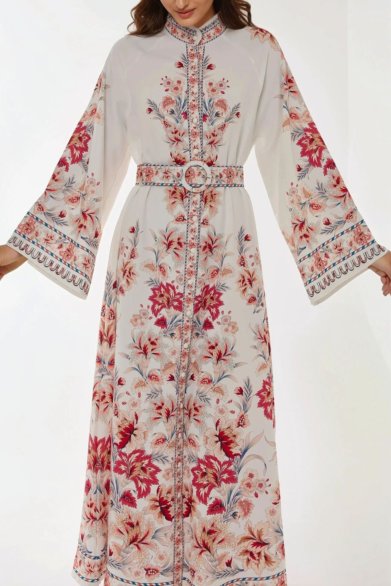 Printed Long Sleeve Maxi Dress with Belt