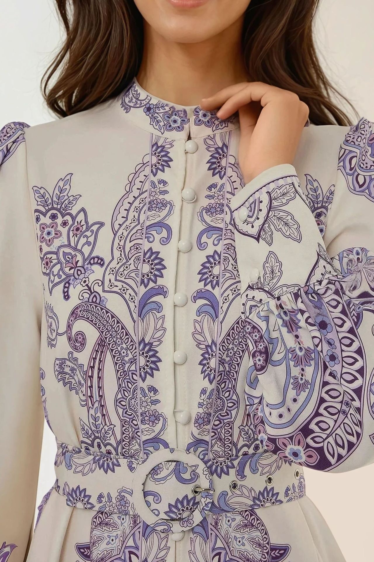 Printed Long Sleeve Maxi Dress with Belt