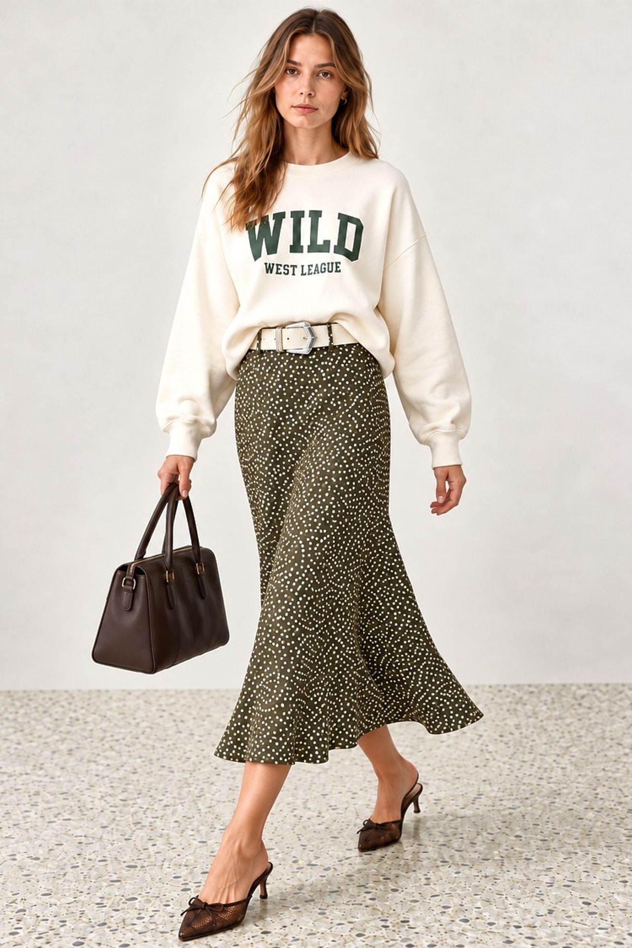 Polka Dot Belted Satin Midi Skirt 2